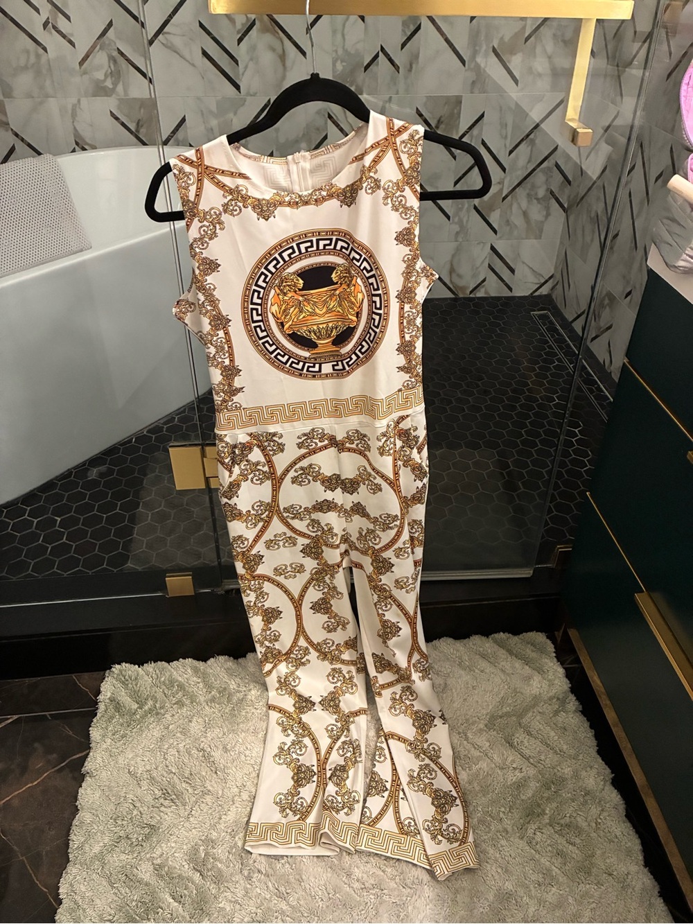 Versace-Inspired White & Gold Printed Jumpsuit